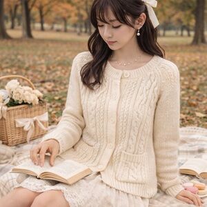 Vintage 70s Collections Cable Knit Off White Cottagecore grandpa cardigan Sz LG